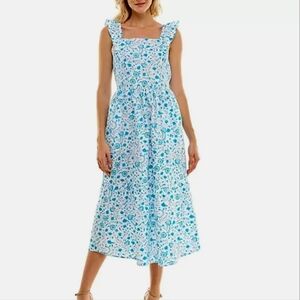 Draper James Paisley Floral Print Ruffle Flutter Strap Midi Dress Smocked Side S